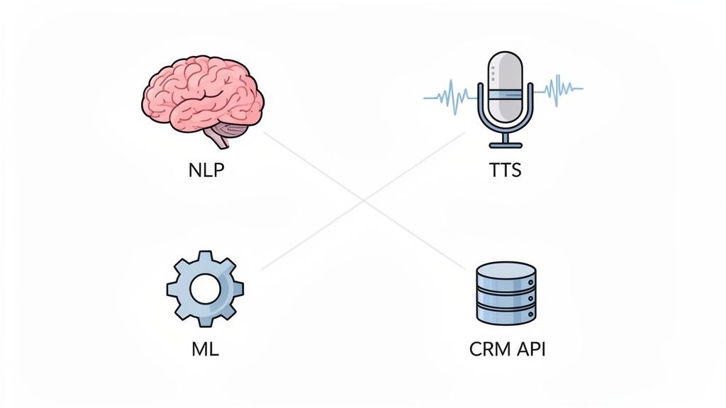 Diagram illustrating the architecture of an AI system with NLP, TTS, ML, and CRM API.