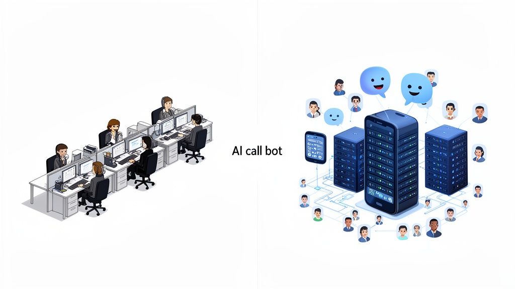 Diagram illustrating traditional customer service agents side-by-side with an AI call bot managing many calls.
