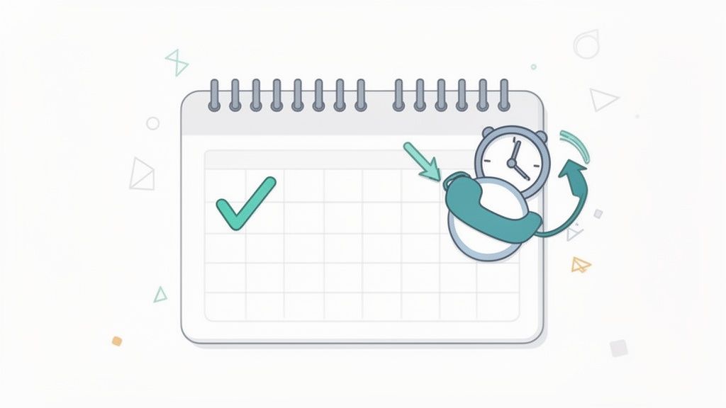 Illustration of a calendar with a checkmark, an alarm clock, a phone, and arrows, symbolizing automated communication.