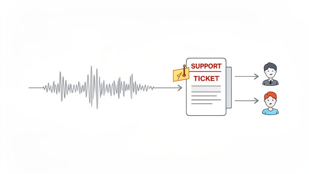 An audio waveform is processed into a support ticket, then assigned to different agents.