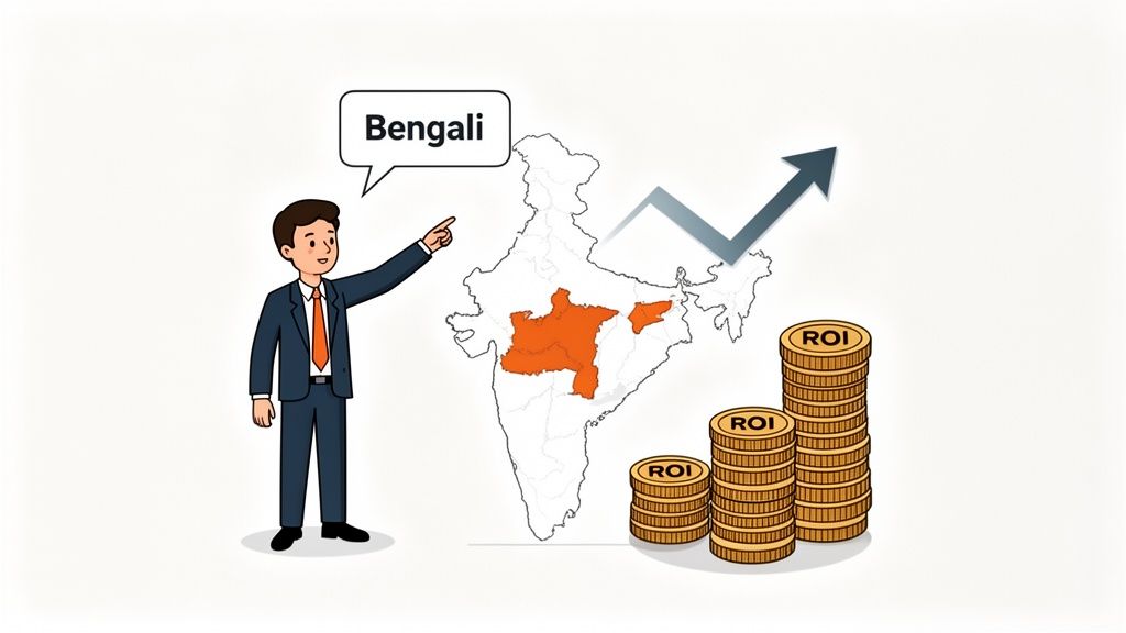 A businessman highlights Bengali regions on an India map with increasing ROI and growth.