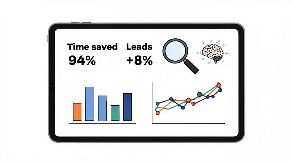 A tablet displays data analytics: 'Time saved 94%', 'Leads +8%', a bar chart, and a line graph.