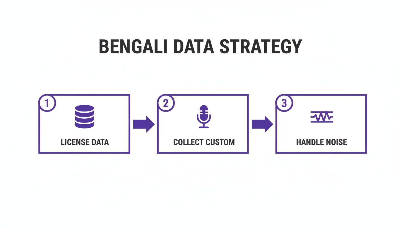 A flowchart detailing the Bengali data strategy with three steps: license data, collect custom data, and handle noise.