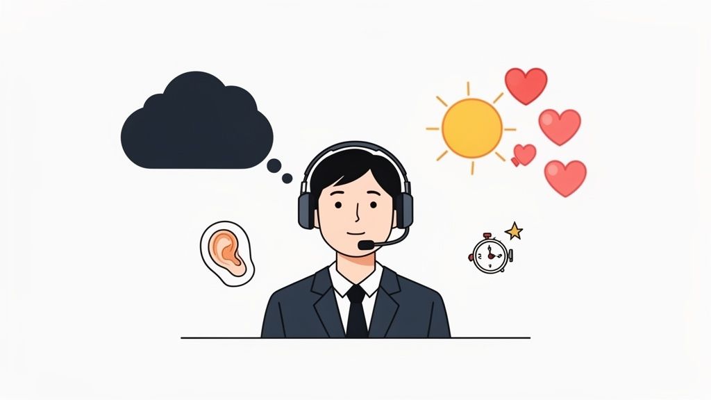 An illustration of a call center agent with icons representing listening, problem-solving, empathy, and efficiency.