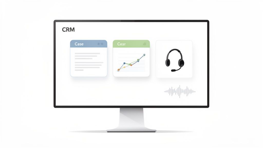 A desktop monitor displays a CRM dashboard featuring customer case details, analytics, and a call centre headset icon with an audio waveform.