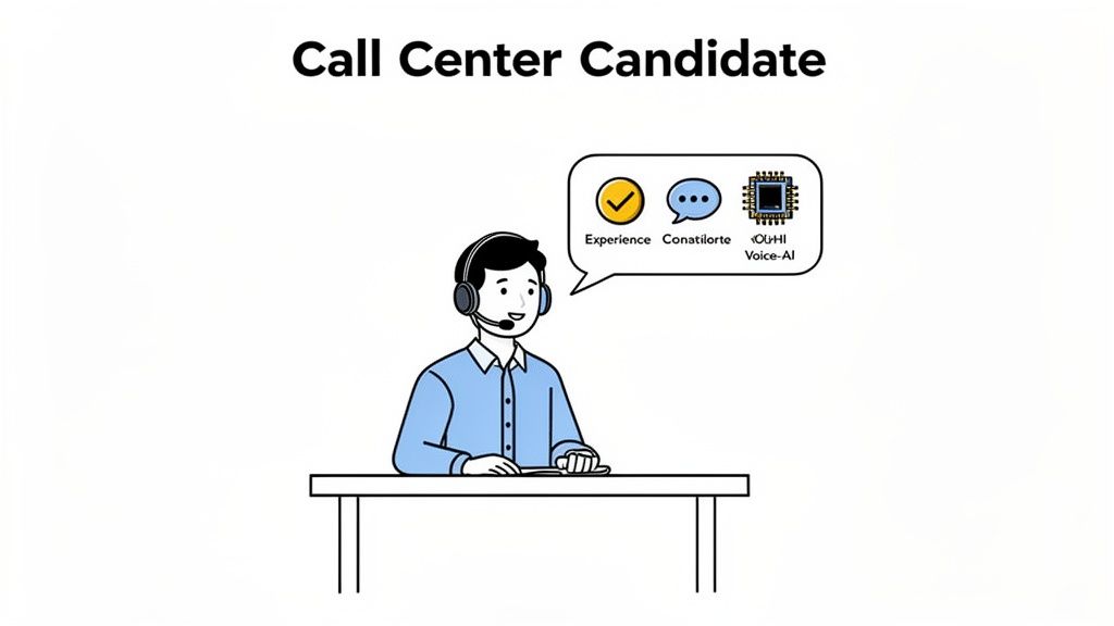 An illustration of a call center candidate with a headset, showcasing experience, communication, and Voice-AI skills.
