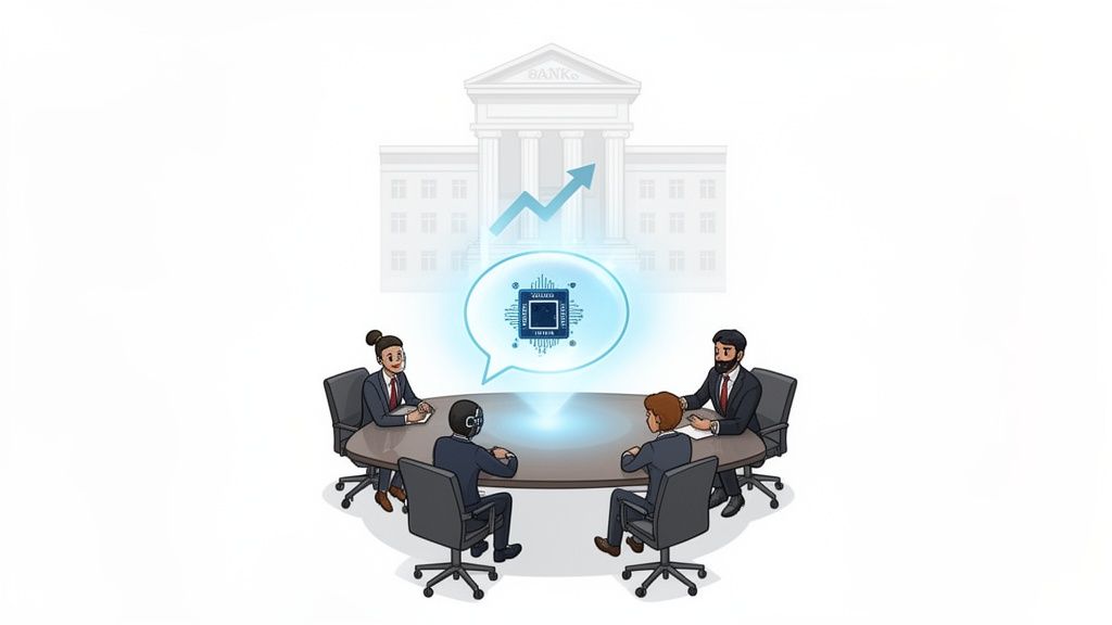 Professionals and an AI agent discussing technology in a bank, symbolizing digital growth.