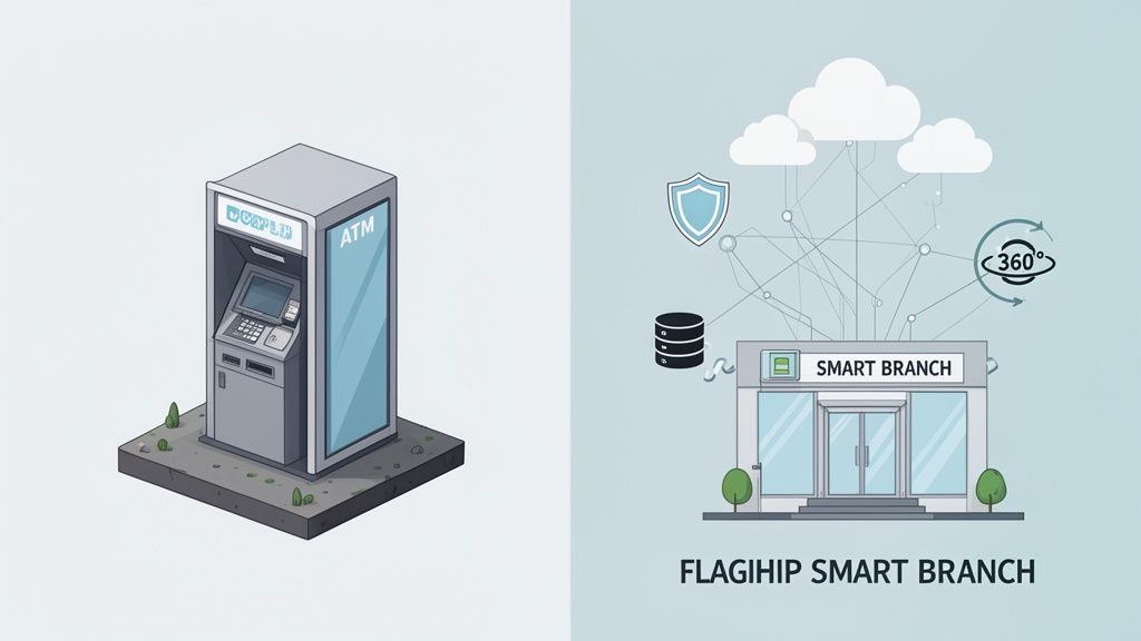 Illustration comparing a traditional ATM with a modern smart bank branch connected to cloud and data services.