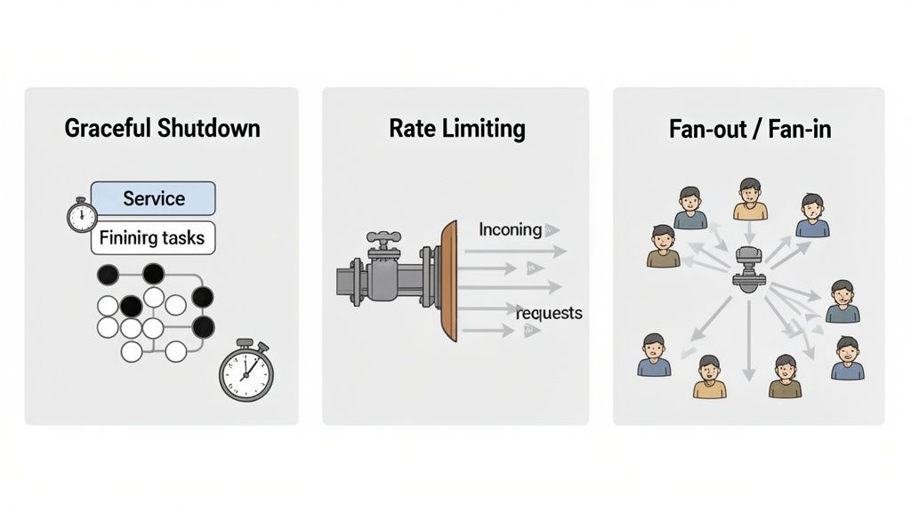 Three diagrams illustrating graceful shutdown, rate limiting, and fan-out/fan-in patterns in system design.