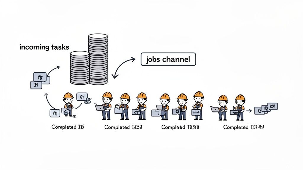 Illustration of a task processing system with incoming tasks, a jobs channel, multiple workers, and completed tasks.