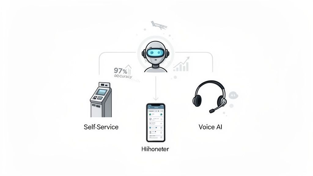 AI robot connecting to airport self-service, mobile app, and voice AI with 97% accuracy.