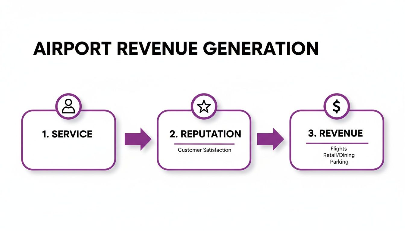 Flowchart showing airport revenue generation: service leads to reputation (customer satisfaction), then revenue (flights, retail, dining, parking).