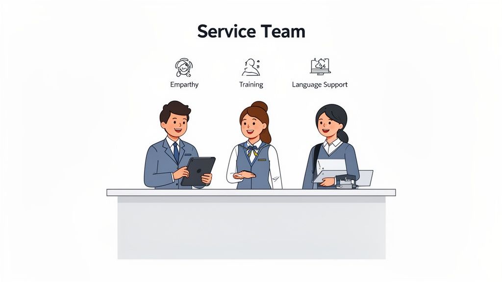 Illustration of a service team, three representatives behind a counter, with icons for empathy, training, and language support.
