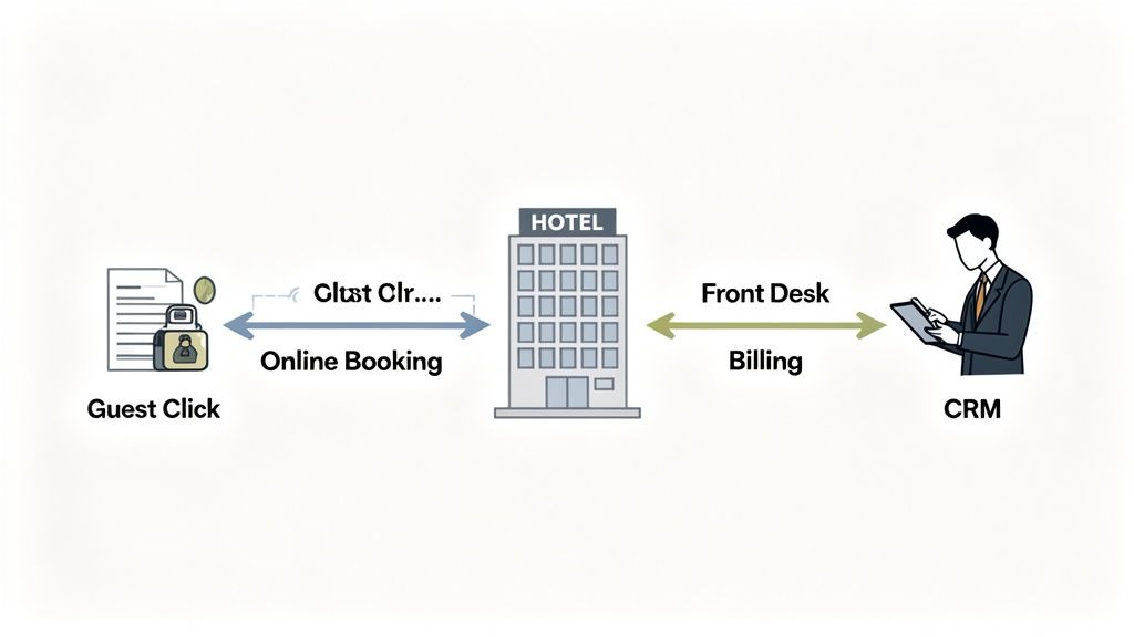 A diagram illustrates guest online booking, data flow to hotel, front desk, billing, and CRM system.
