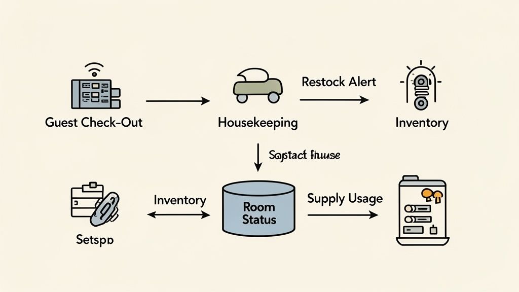 A data flow diagram illustrating hotel operations from guest check-out, housekeeping, inventory, to room status and supply usage.