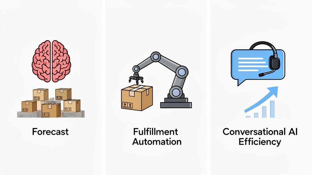 Three panels illustrating business processes: forecasting with a brain, fulfillment automation, and conversational AI efficiency.