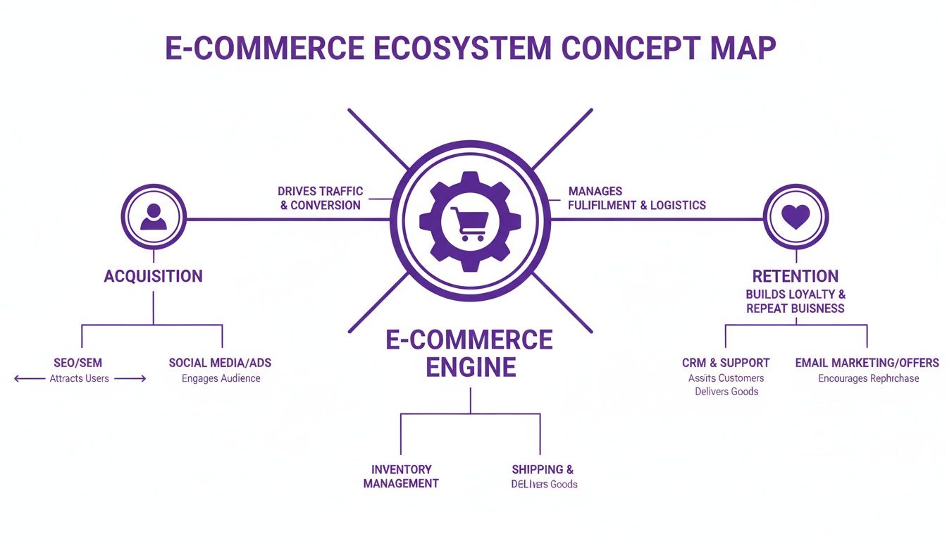 An e-commerce ecosystem concept map illustrating acquisition, engine, and retention processes.