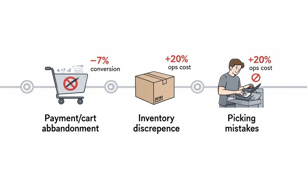 Visualizing e-commerce problems: cart abandonment, inventory discrepancies, and picking errors, causing conversion loss and higher operational costs.