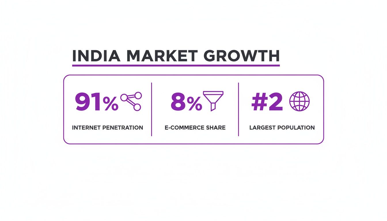 Infographic detailing India's market growth: 91% internet penetration, 8% e-commerce share, and #2 largest population.