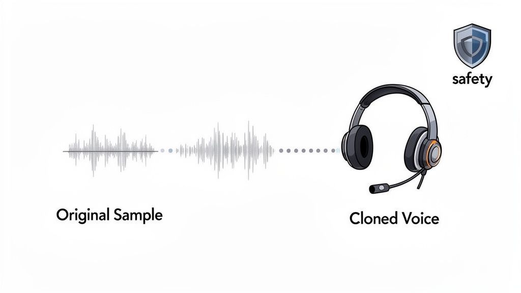 Diagram showing an original audio waveform transitioning to a cloned voice via a headset, emphasizing safety.