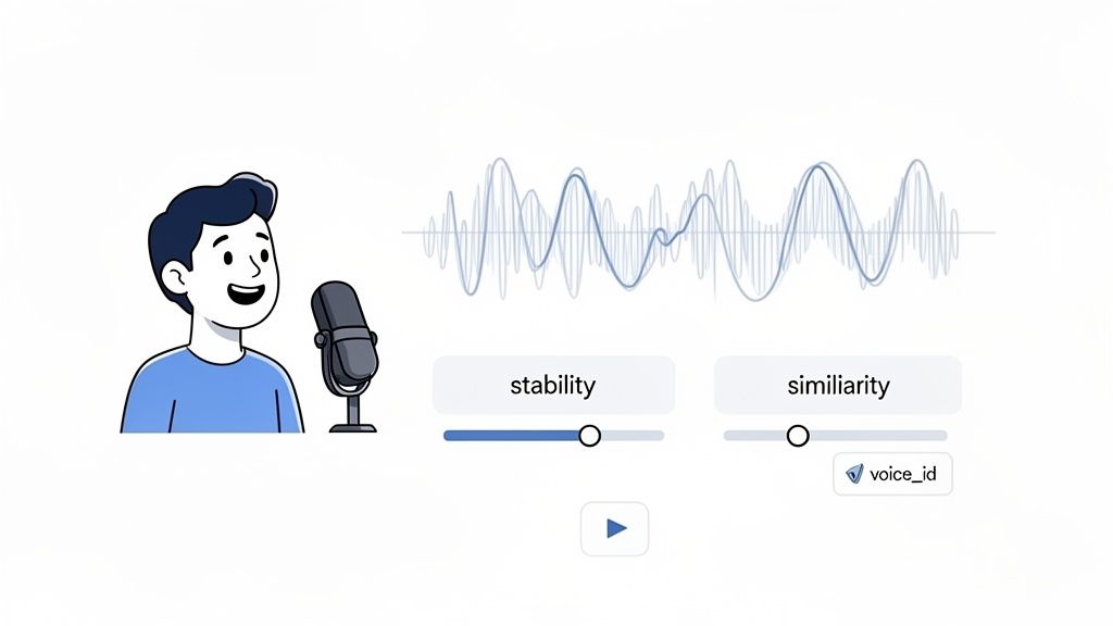 An illustration of a person speaking into a microphone with audio waveforms and voice setting sliders.