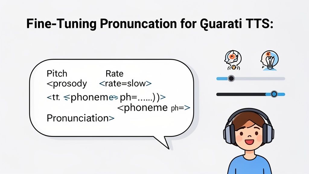 Illustration demonstrating fine-tuning pronunciation, pitch, and rate for Gujarati Text-to-Speech (TTS) with code examples and sliders.