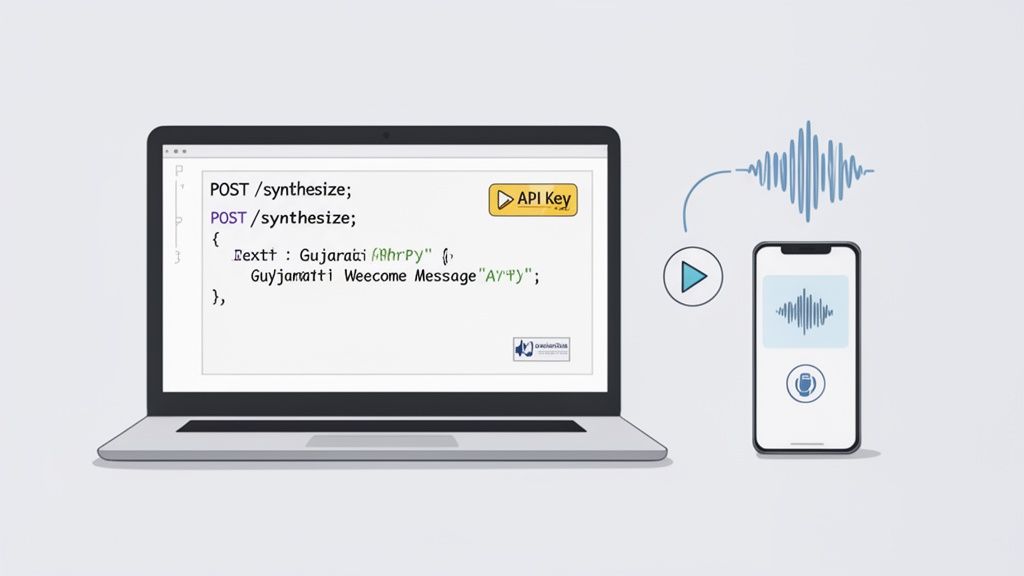 Laptop displays code for Gujarati text-to-speech, generating audio waves played on a smartphone.