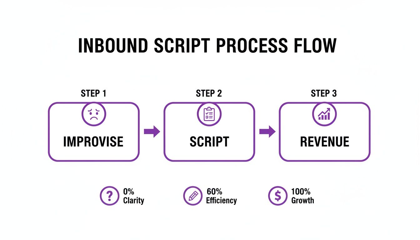 Flowchart showing an inbound script process from improvisation to a script, leading to revenue growth.
