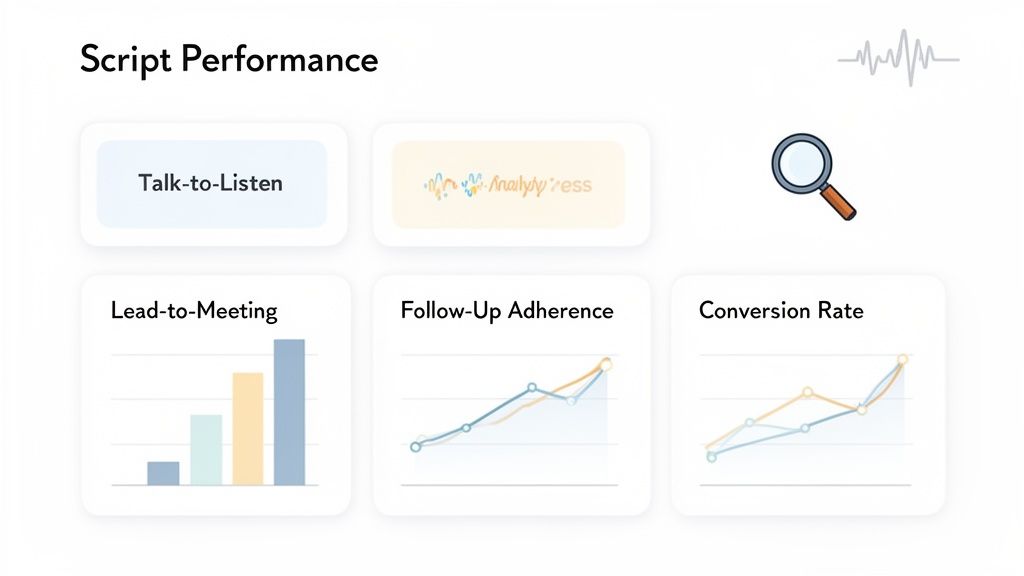 A dashboard displaying script performance metrics with cards for talk-to-listen, lead-to-meeting, follow-up, and conversion rate.