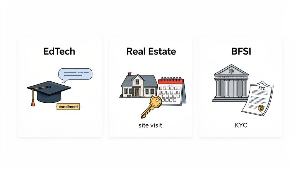 Illustrations of industry use cases for EdTech, Real Estate, and BFSI with related keywords.
