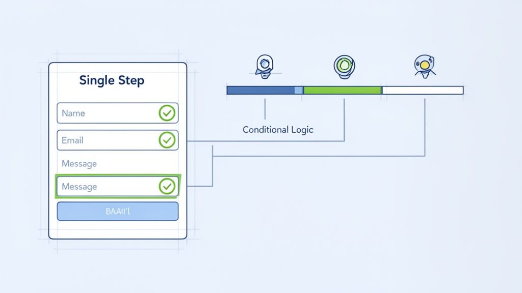 A form with name, email, and message fields, illustrating conditional logic for a multi-step process.