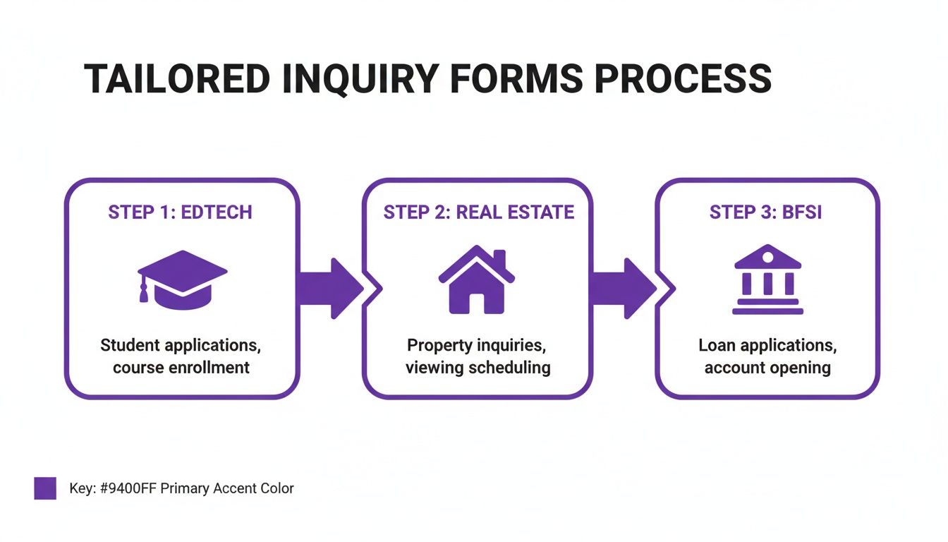 A three-step tailored inquiry forms process for EdTech, Real Estate, and BFSI industries.