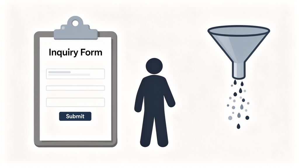An inquiry form on a clipboard, a person icon, and a data filtering funnel illustration.