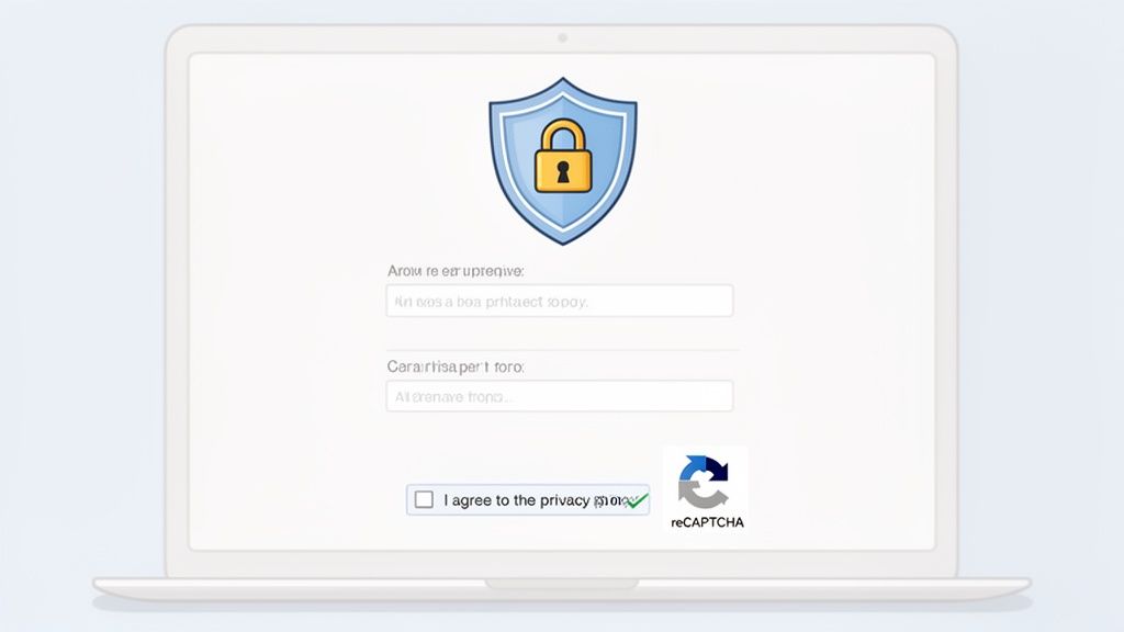 A laptop screen displays an online security form with a shield and padlock icon, input fields, and a reCAPTCHA.