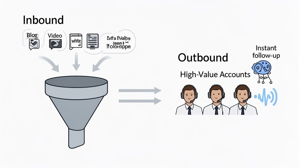Diagram illustrating an inbound sales funnel leading to outbound engagement with high-value accounts and instant follow-up.