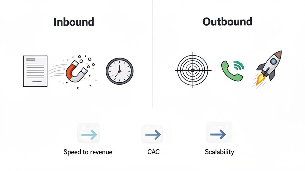 A visual comparison of inbound and outbound sales strategies, showing icons for lead generation, time, target, calls, and growth, linked to speed to revenue, CAC, and scalability.