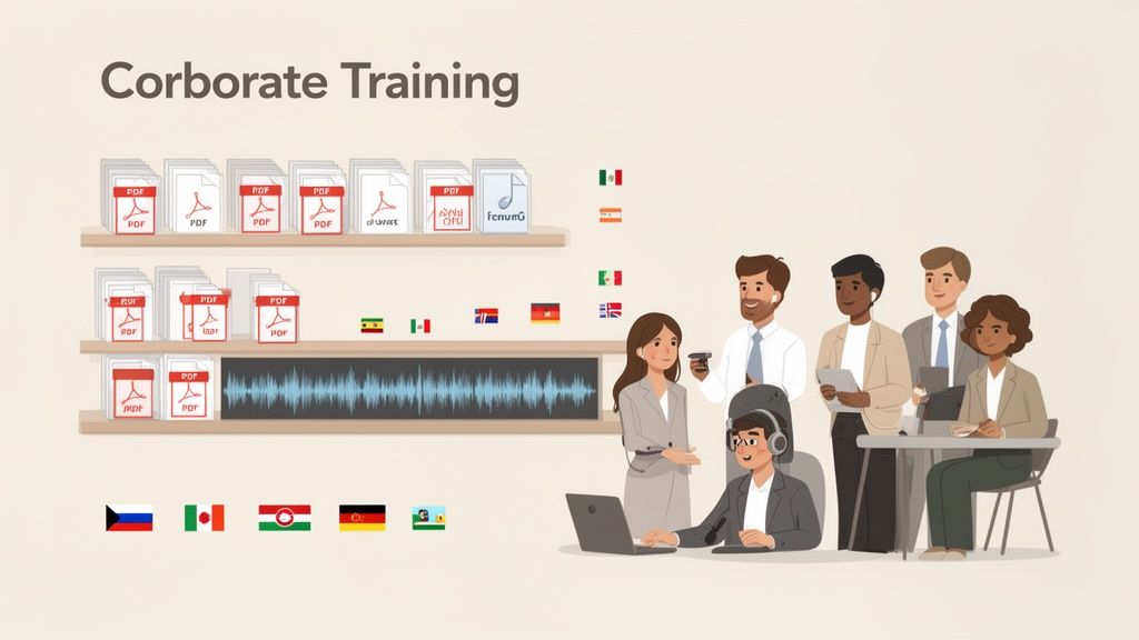 Diverse professionals attend corporate training, surrounded by various language documents and international flags.