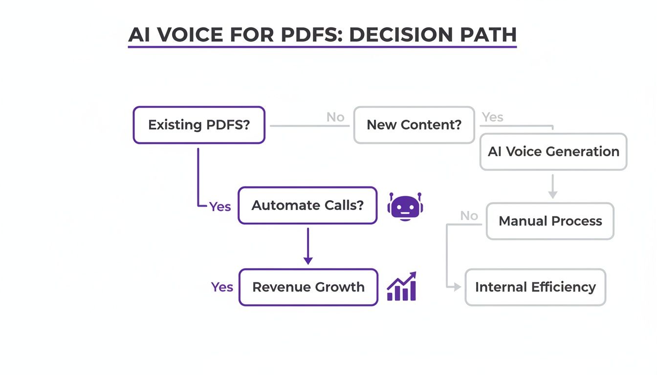 A flowchart illustrates the AI voice for PDFs decision path, showing options for revenue growth and internal efficiency.