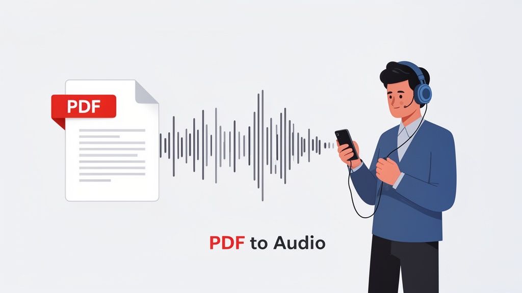 A graphic depicting a PDF file transforming into an audio waveform, enjoyed by a person using a smartphone and headphones.