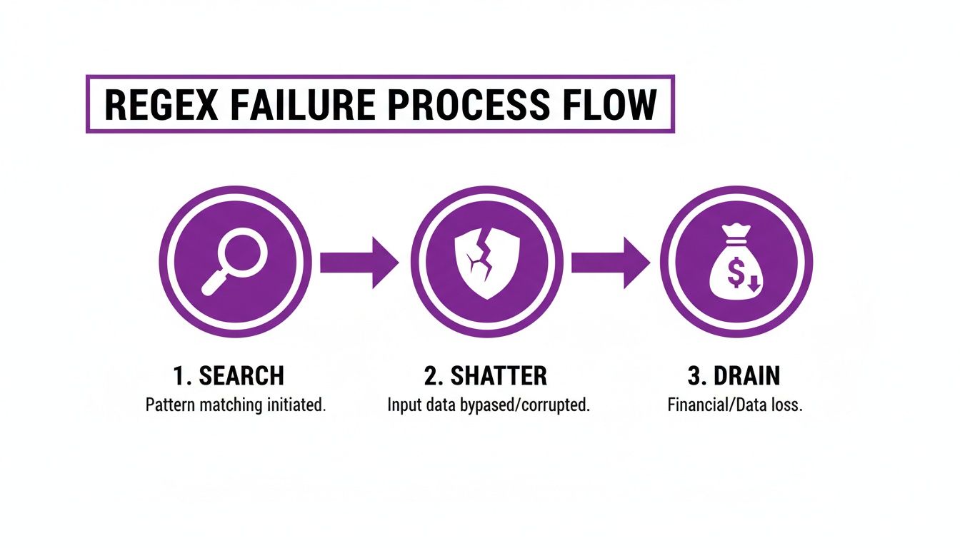 A flowchart depicting the Regex Failure Process Flow: Search, Shatter (input data bypassed/corrupted), and Drain (financial/data loss).