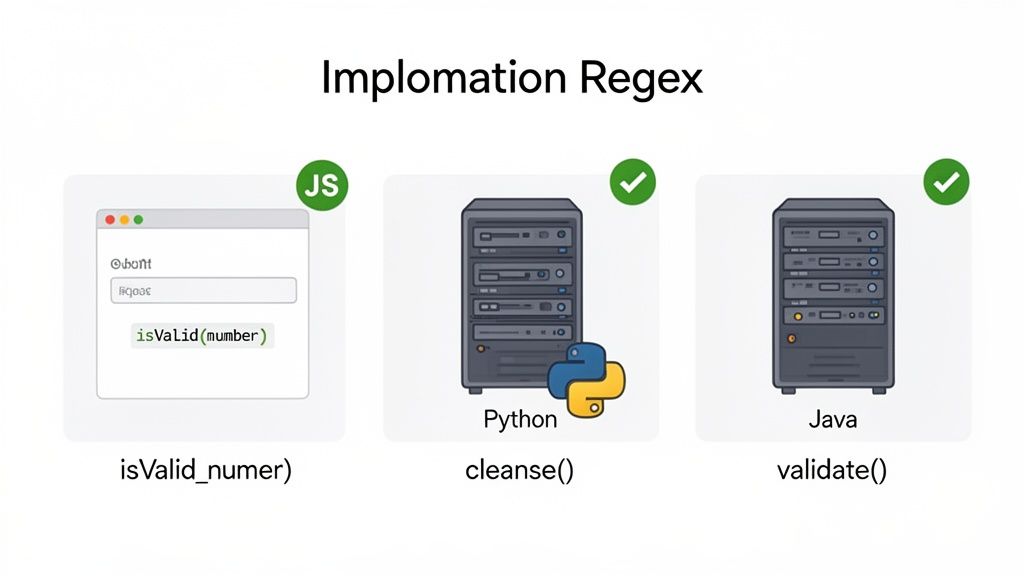Three panels illustrating regex implementation for data validation and cleansing in JavaScript, Python, and Java.