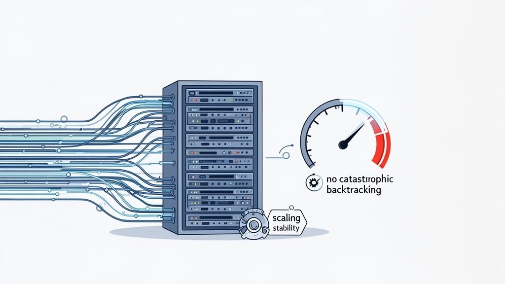 An illustration of a server rack connected by numerous data cables, a high-speed gauge, and 'scaling stability' icon.