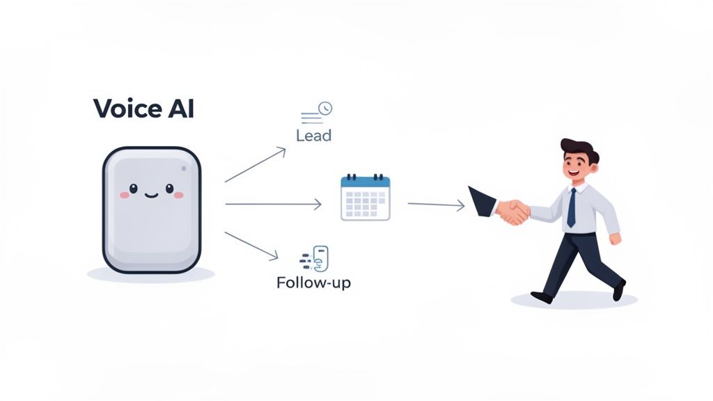 A diagram illustrates Voice AI processing leads and follow-ups, scheduling meetings, and closing deals with clients.