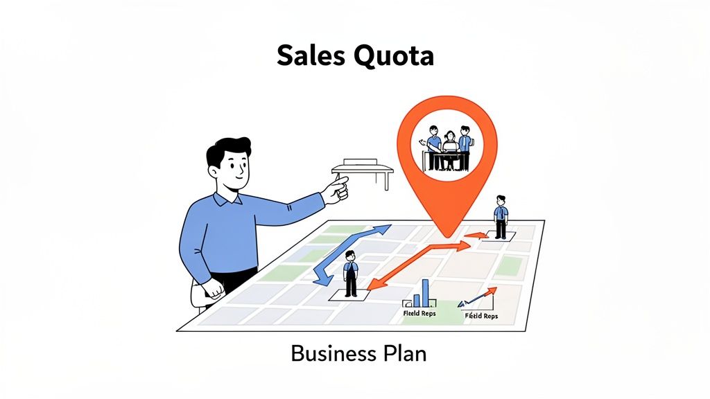 An illustration of a business plan showing field reps on a map for achieving sales quotas.