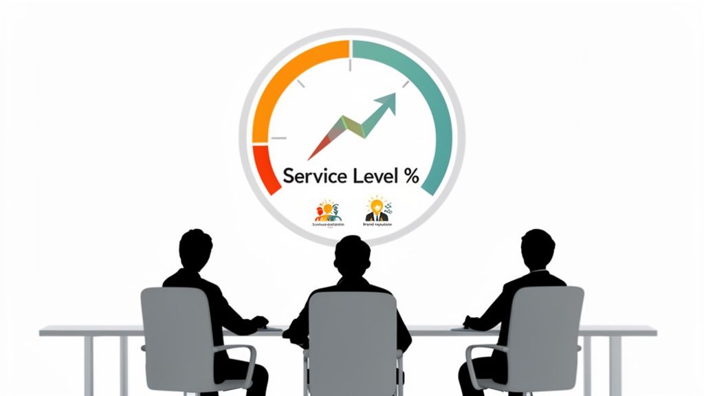 Three people in a business meeting discussing a 'Service Level %' gauge with an upward trend.