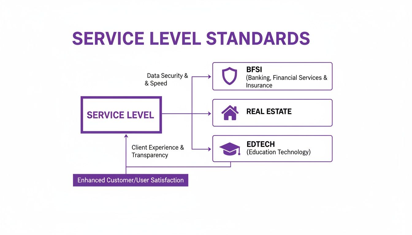 Diagram illustrating service level standards across BFSI, Real Estate, and EdTech, aiming for customer satisfaction.