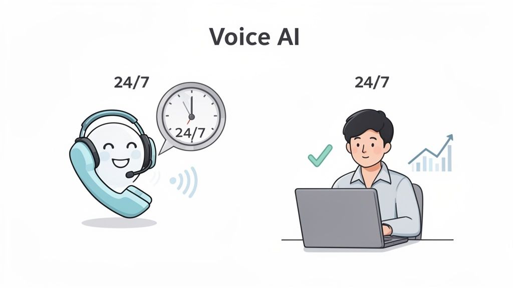 Voice AI graphic demonstrating 24/7 customer service and enhanced business productivity with a call agent and laptop user.