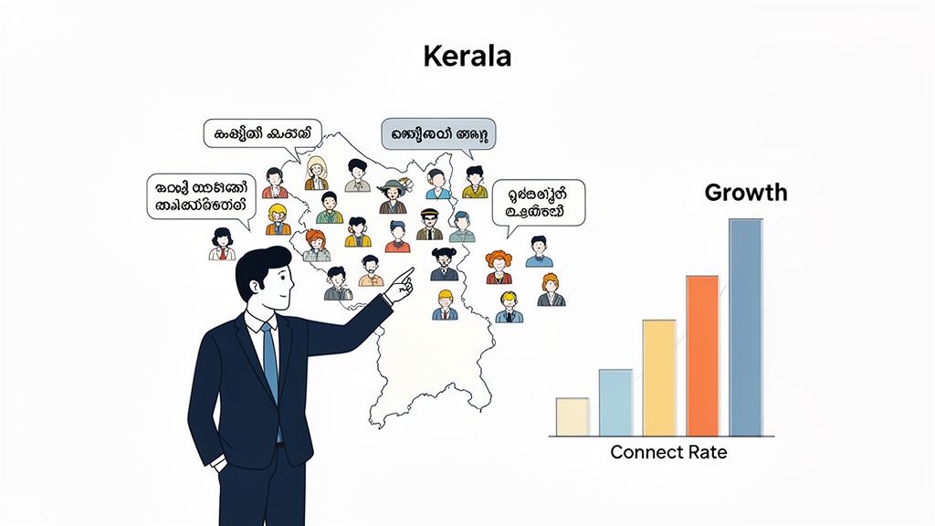 Businessman pointing at Kerala map with diverse people icons and a 'Connect Rate' growth bar chart.