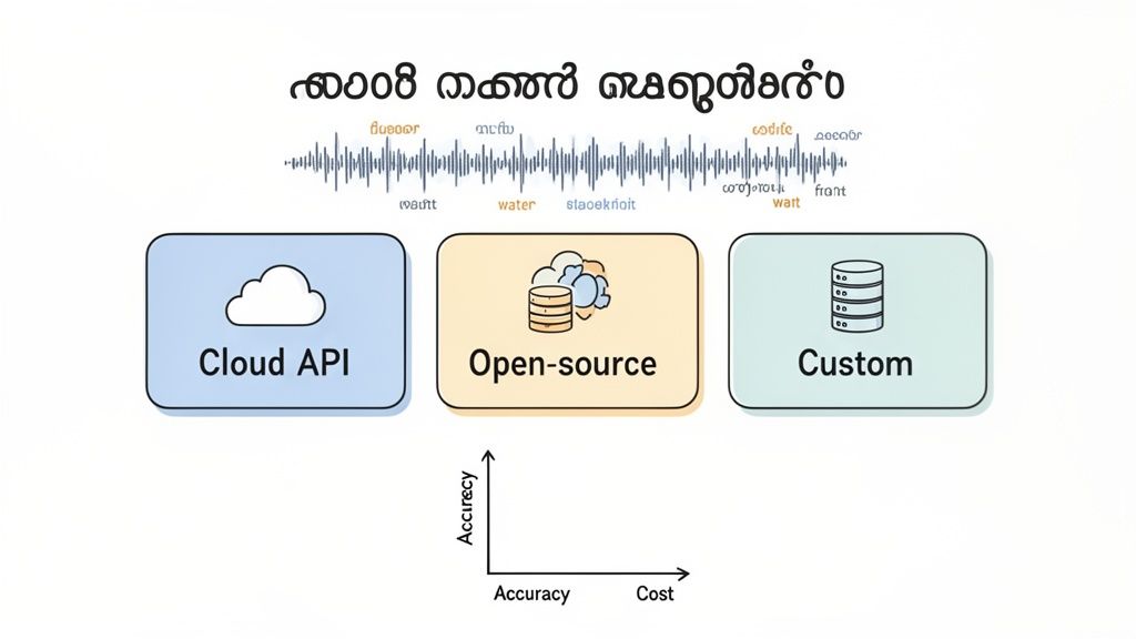 Diagram illustrating Cloud API, open-source, and custom options for speech-to-text, with a cost-accuracy graph.