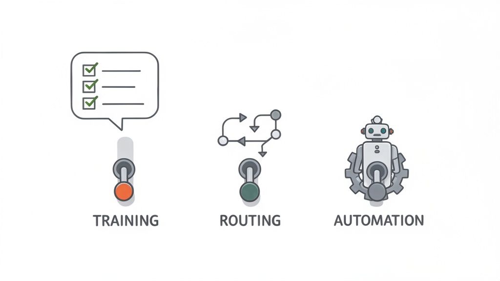 Three conceptual illustrations with switches for 'Training,' 'Routing,' and 'Automation' processes.